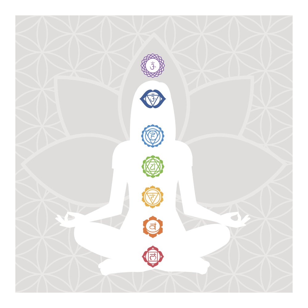 Die Positionen der sieben Chakren werden am Umriss eines Fauenkörpers in meditierender Lotusposition gezeigt